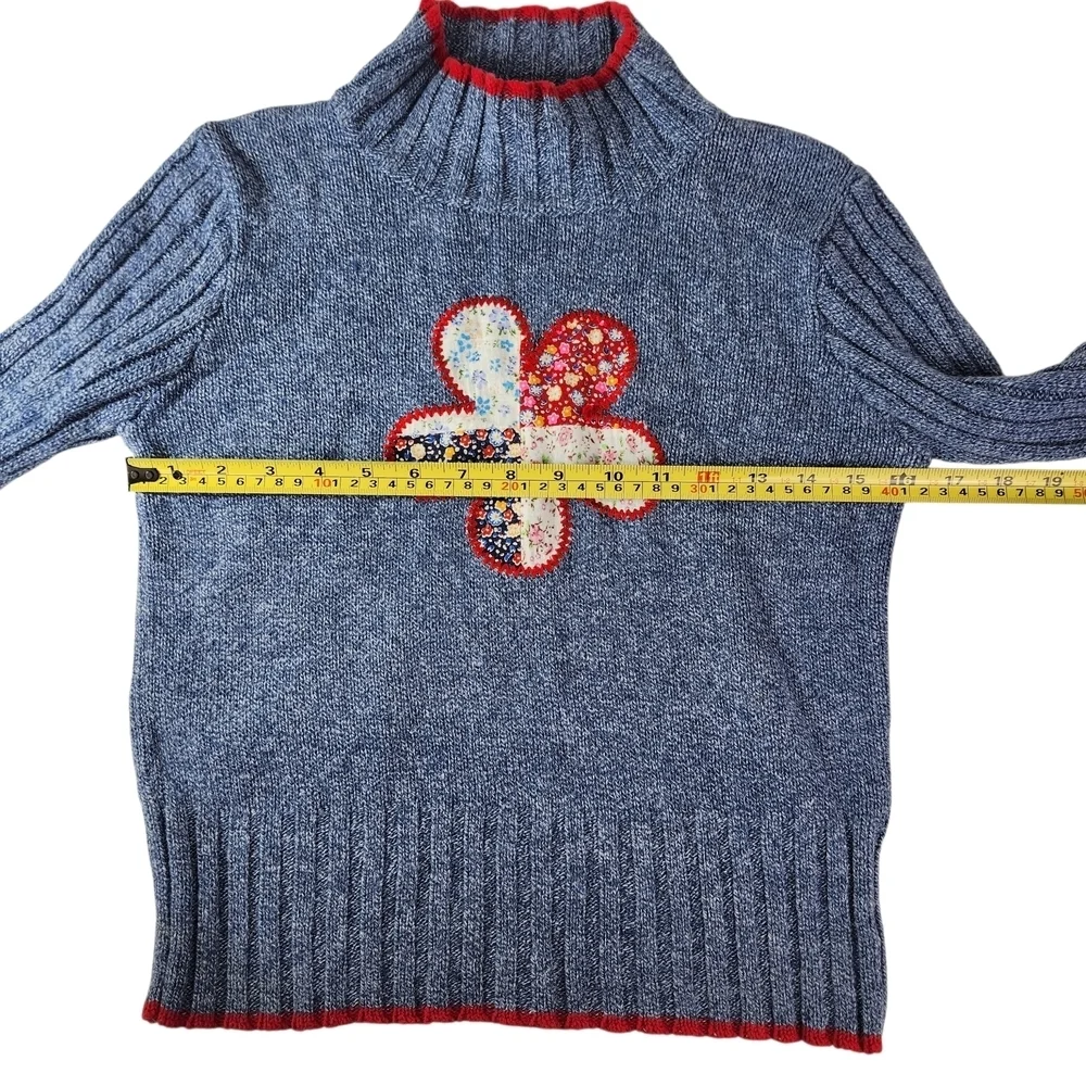 Knitty Gritty Girls Sweater Blue Mock Neck Medium Flower Patch Hippie Boho